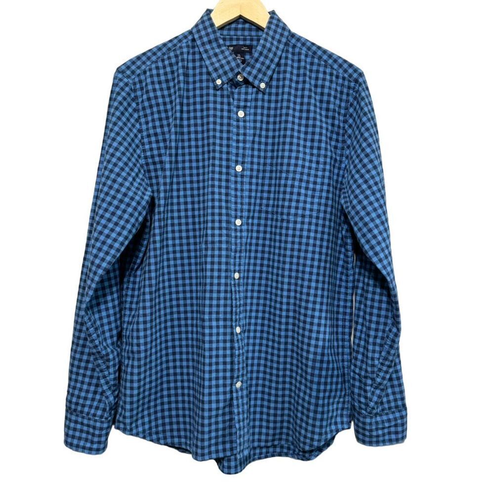Gap Men's Slim Fit Checkered Long Sleeve Button-Up Shirt Blue Size Large‎ Cotton